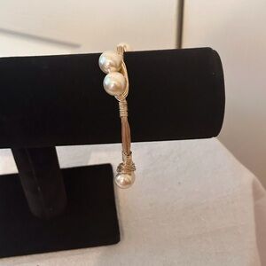 Artisan Gold Tone Wire Wrap Faux White Pearl Bangle Bracelet